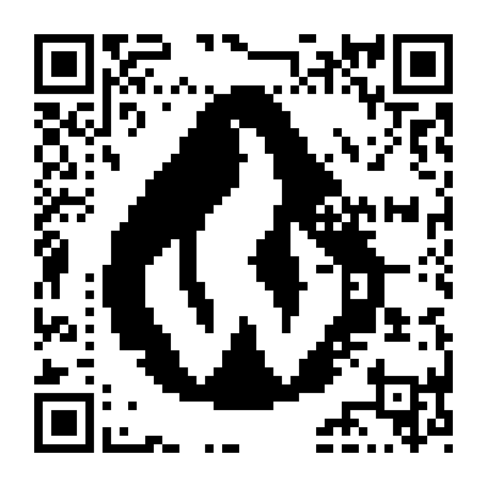 QR code whose modules form a black flame-like logo for the made-up brand Pebblewick